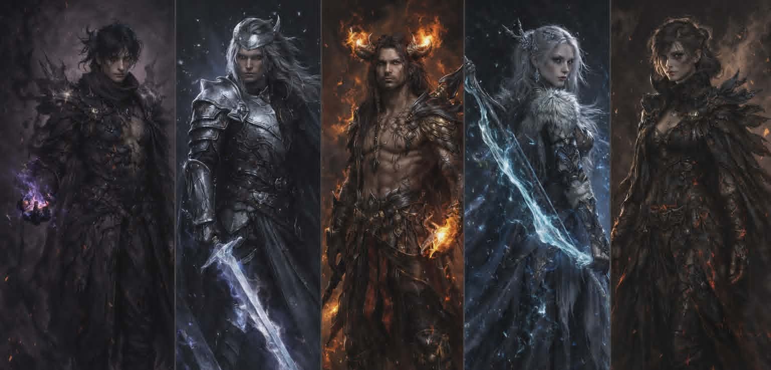 Five dark fantasy characters in a row, each with a distinct silhouette, palette, and elemental theme