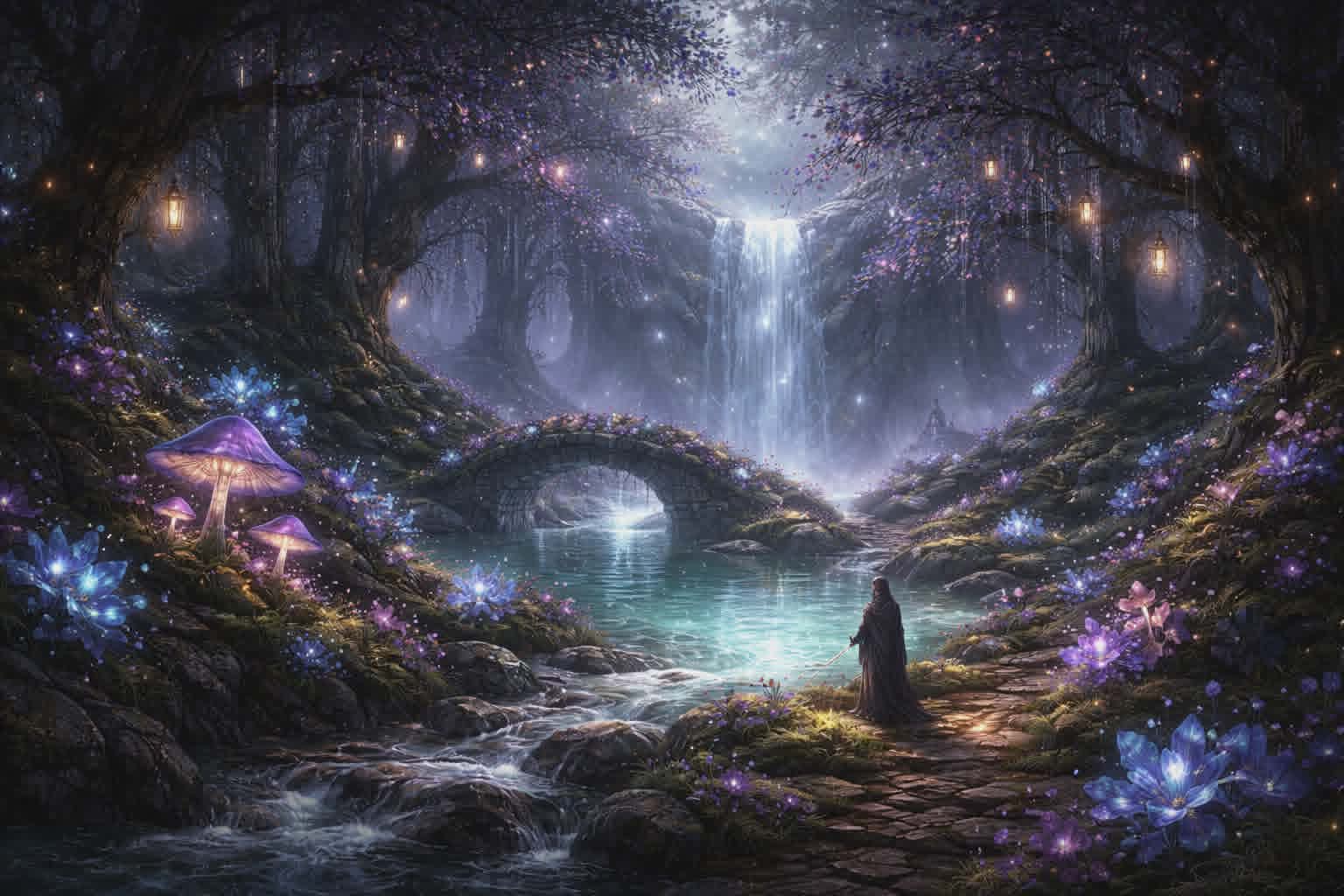Glowing fantasy forest and waterfall
